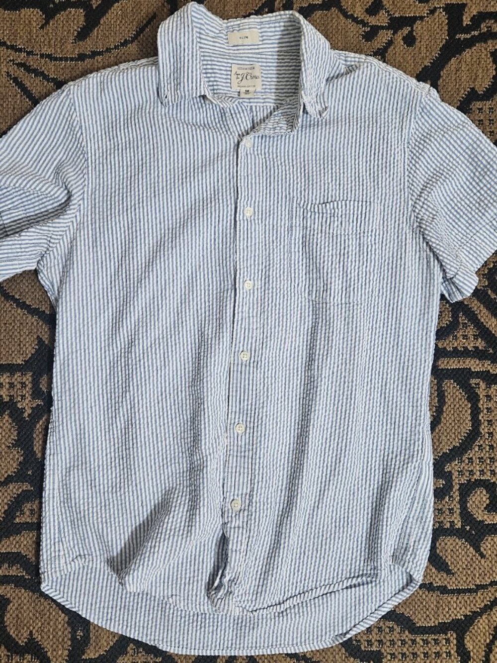 J.Crew Men's Seersucker Striped Short Sleeve Shirt Blue White Size Medium